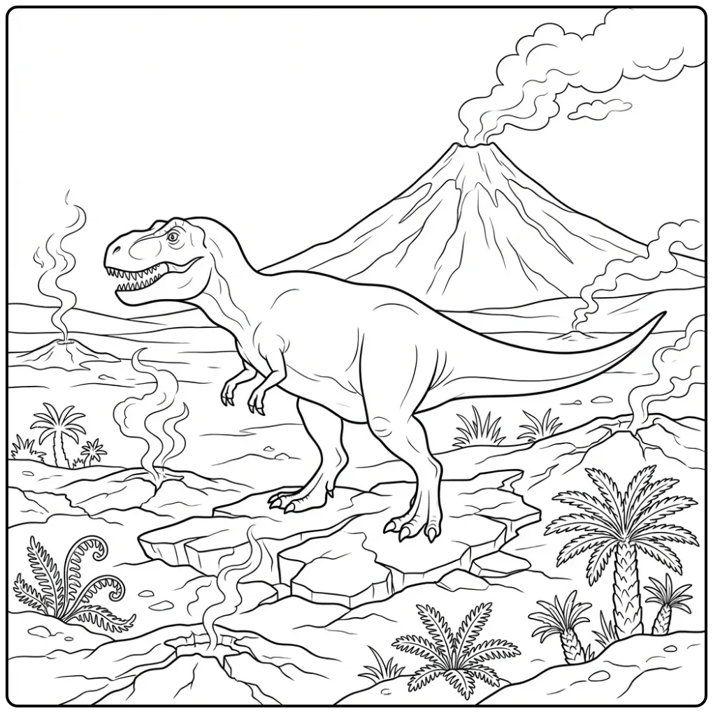 Een spannende t rex kleurplaat in een vulkanisch landschap.
