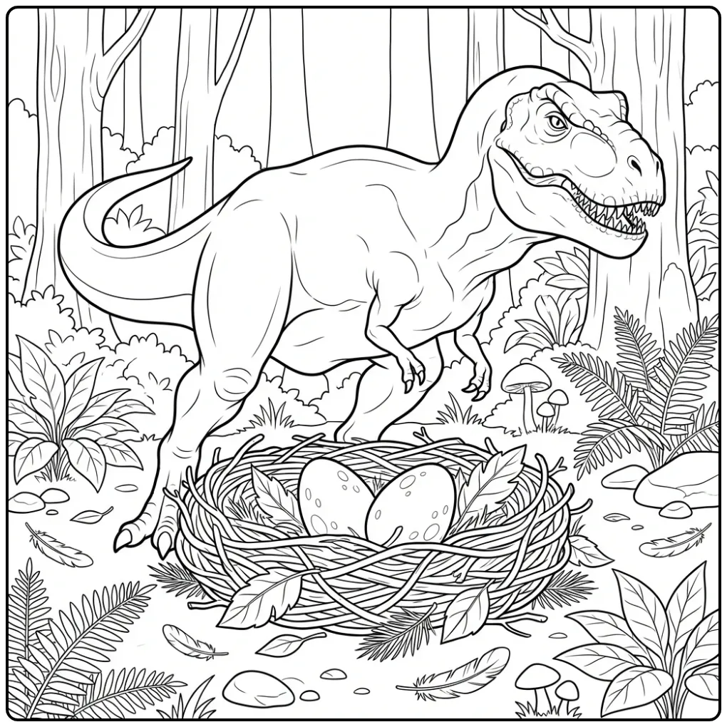 Schattige moeder T rex kleurplaat met eieren in een nest