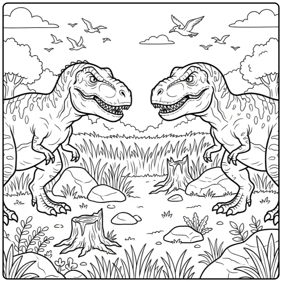 Leuke T rex kleurplaat met twee dino's tegenover elkaar.