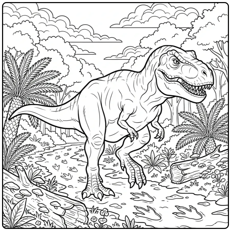 Schattige T rex kleurplaat lopend op een bospad