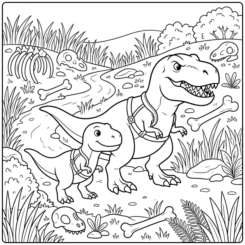 Schattige T rex kleurplaat van ouder en kind.