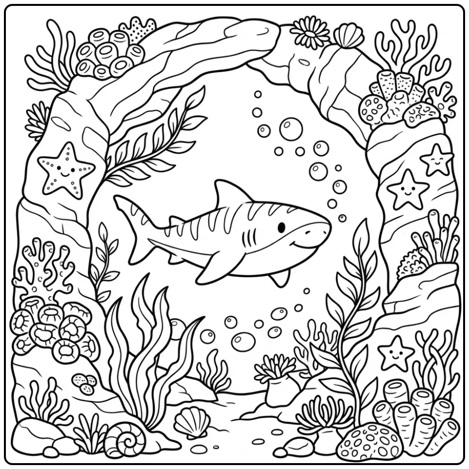 Een leuke kleurplaat haai zwemmend door een koraaltunnel.