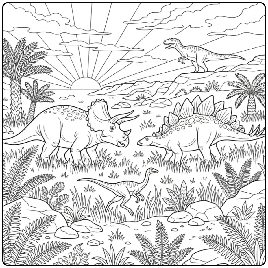 Vredige dino kleurplaat met Triceratops in varenweide.