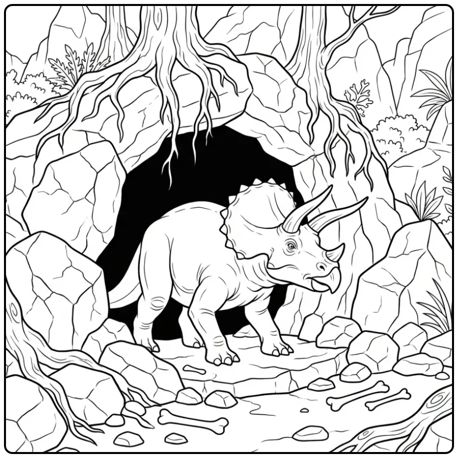 Realistische triceratops kleurplaat bij een grot ingang.