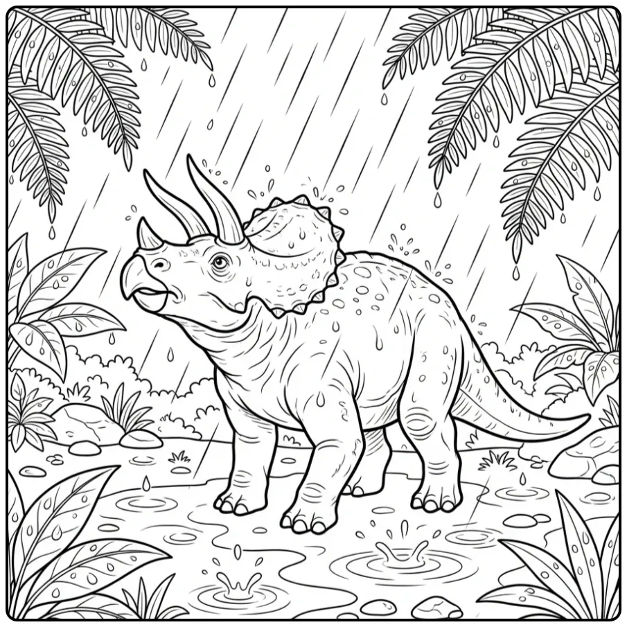 Realistische triceratops kleurplaat in een regenbui.