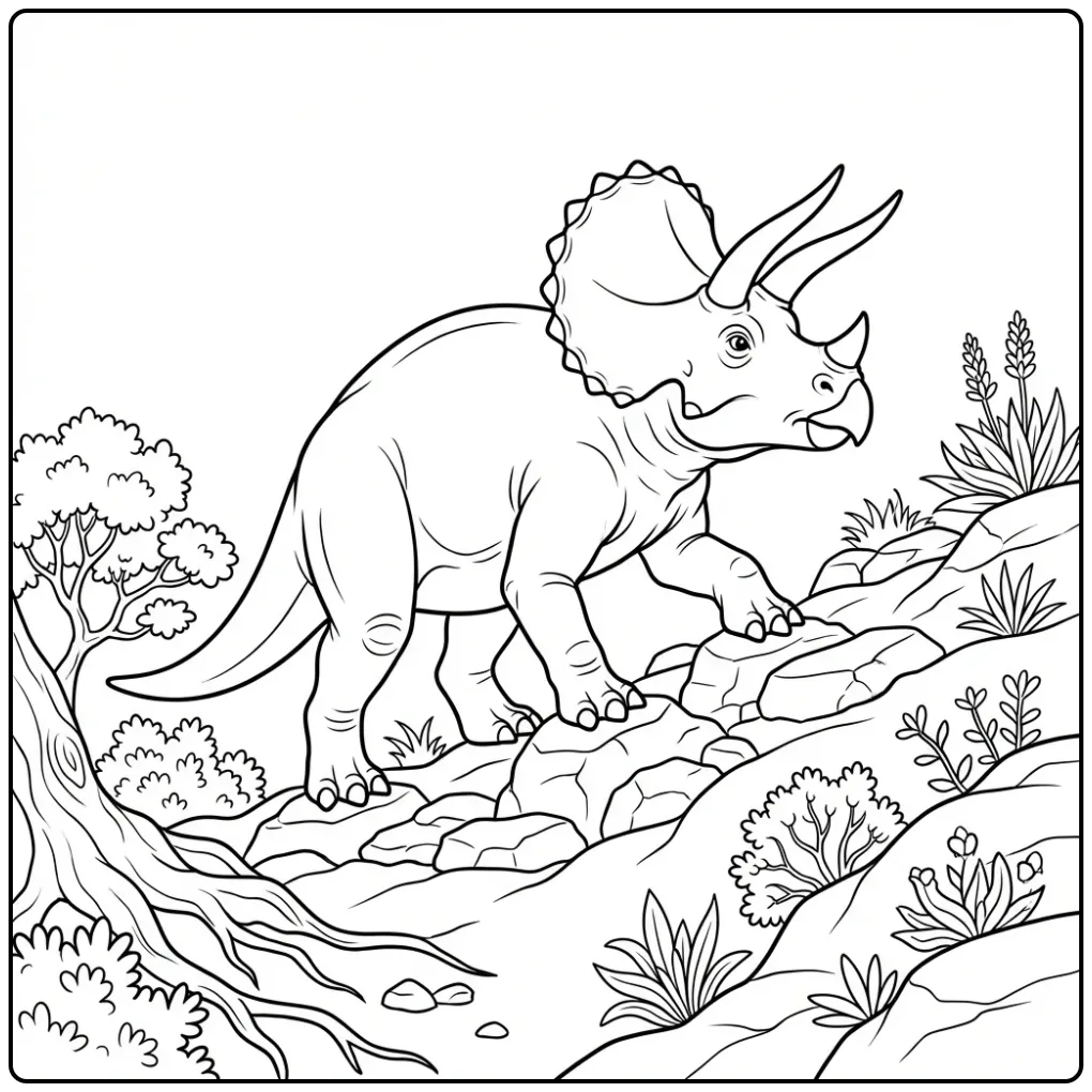 Een realistische triceratops kleurplaat op een helling.