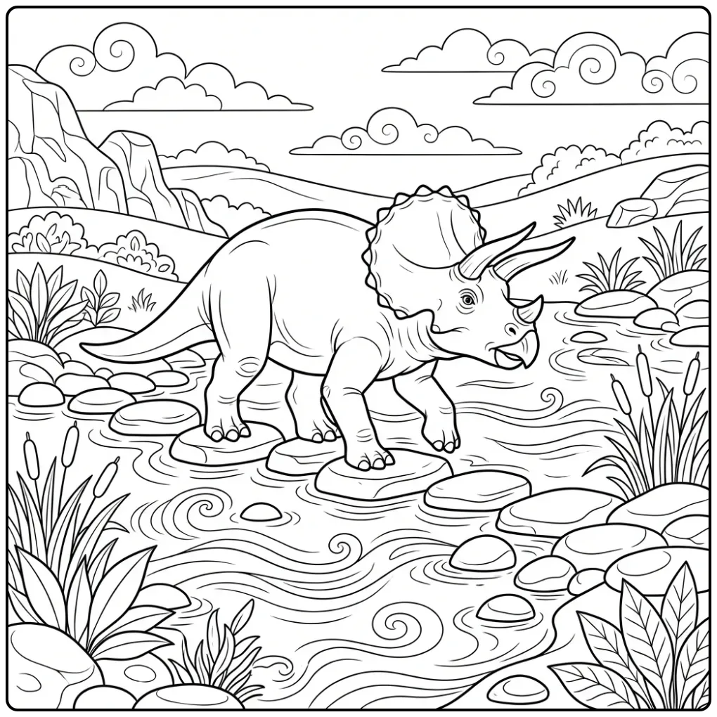 Realistische triceratops kleurplaat op stapstenen in beek.