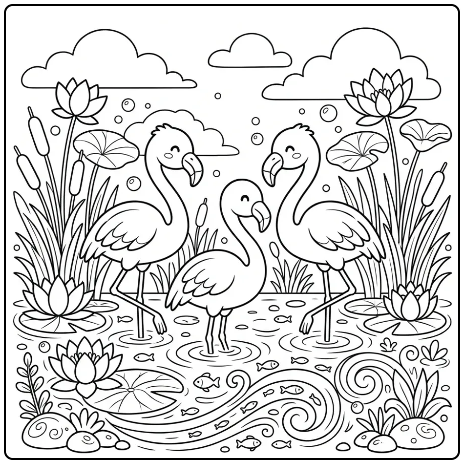 Vrolijke flamingo kleurplaat met drie vogels en bloemen.