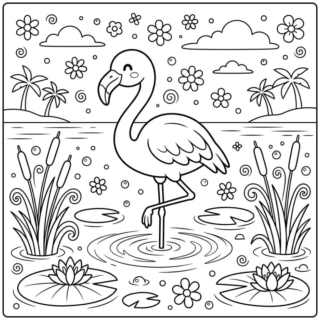 Schattige flamingo kleurplaat staand op één been.