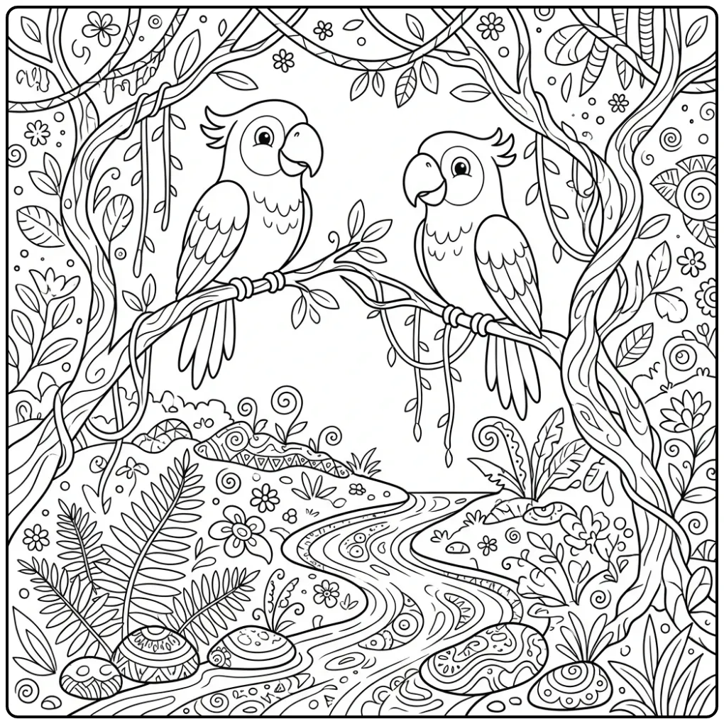 Twee vogels op takken papegaai kleurplaat volwassenen.