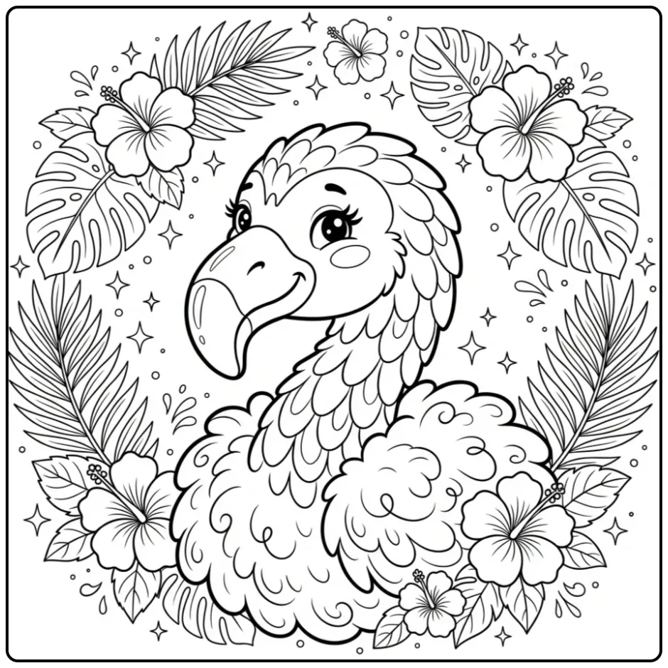 Vrolijke kleurplaat flamingo schattig met tropische bloemen.