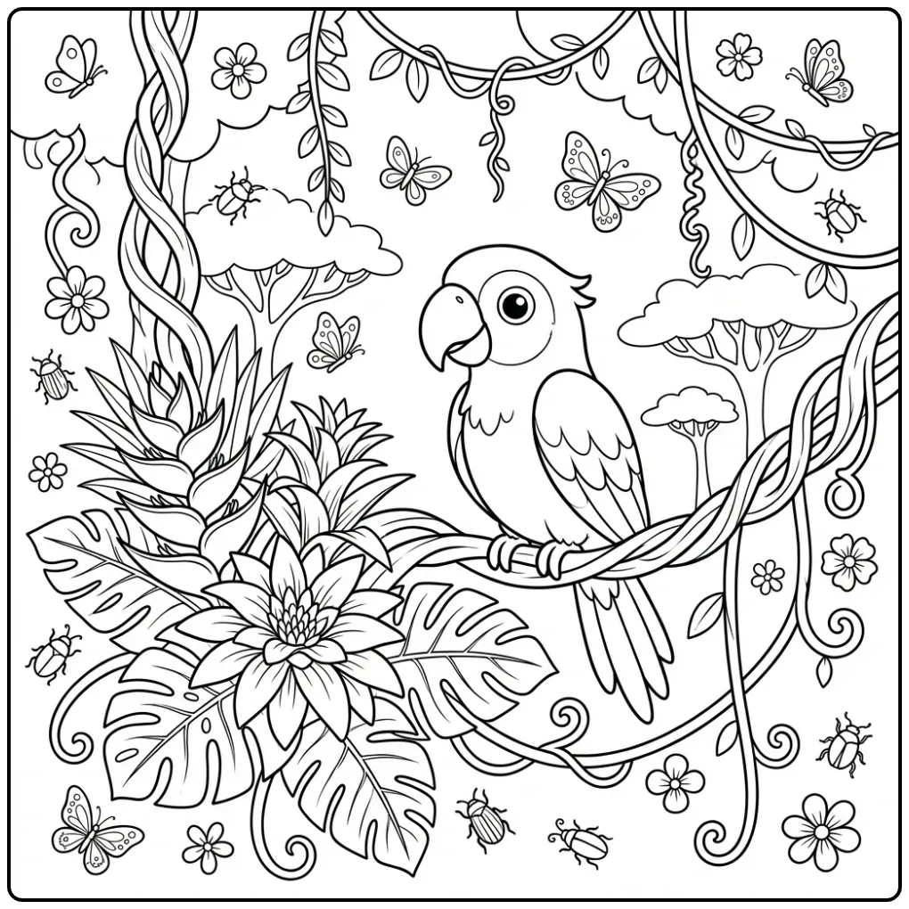 Leuke kleurplaat papegaai op een tak met tropische bloemen.