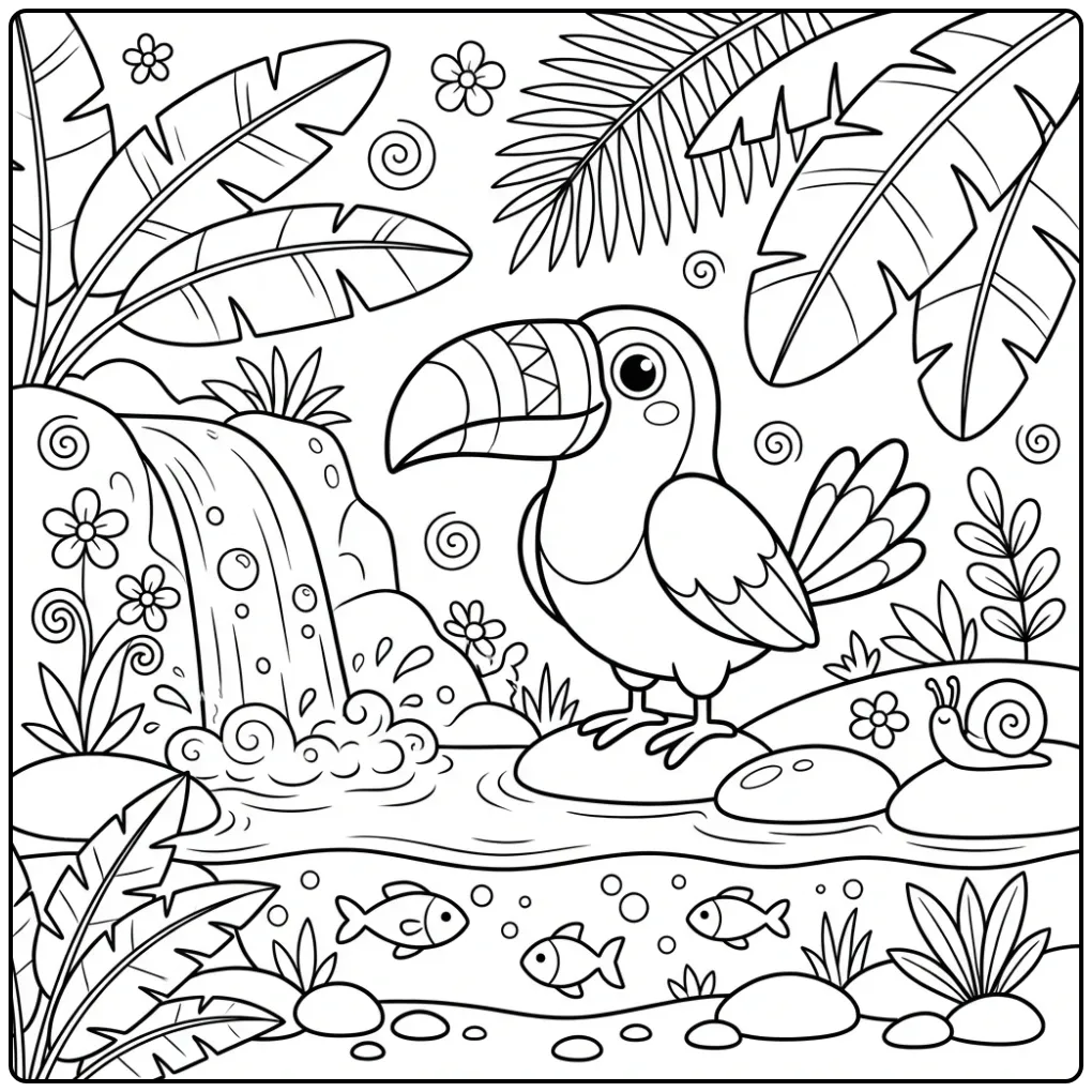 Schattige kleurplaat toekan bij een waterval en vissen.