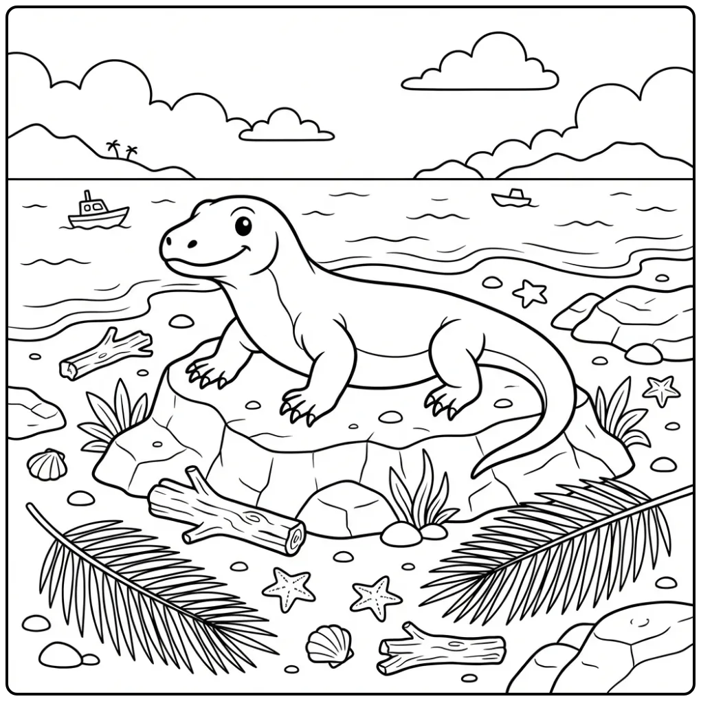 Schattige komodovaraan kleurplaat op rotsen aan het strand.