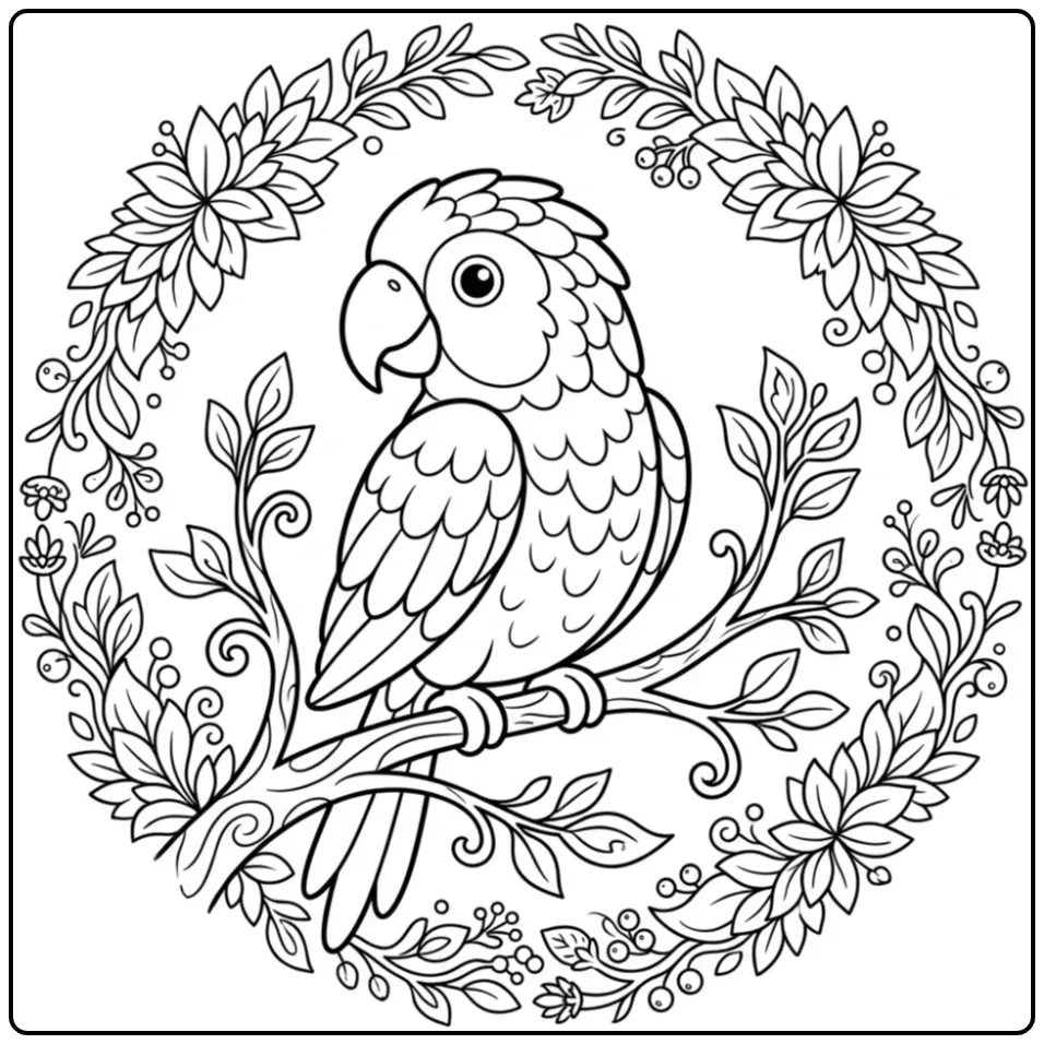Gedetailleerde papegaai kleurplaat volwassenen met bladeren.