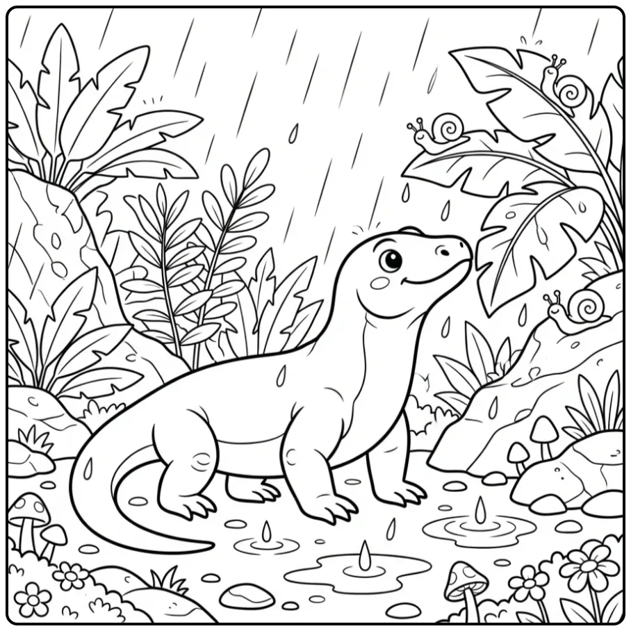 Een leuke komodovaraan kleurplaat in de tropische regen.