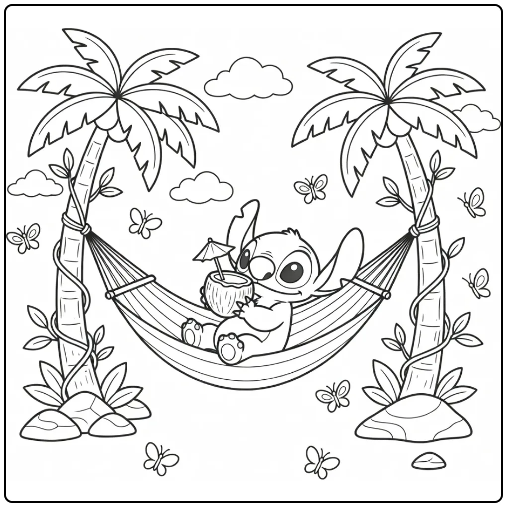Een stitch kleurplaat schattig met Stitch in een hangmat.