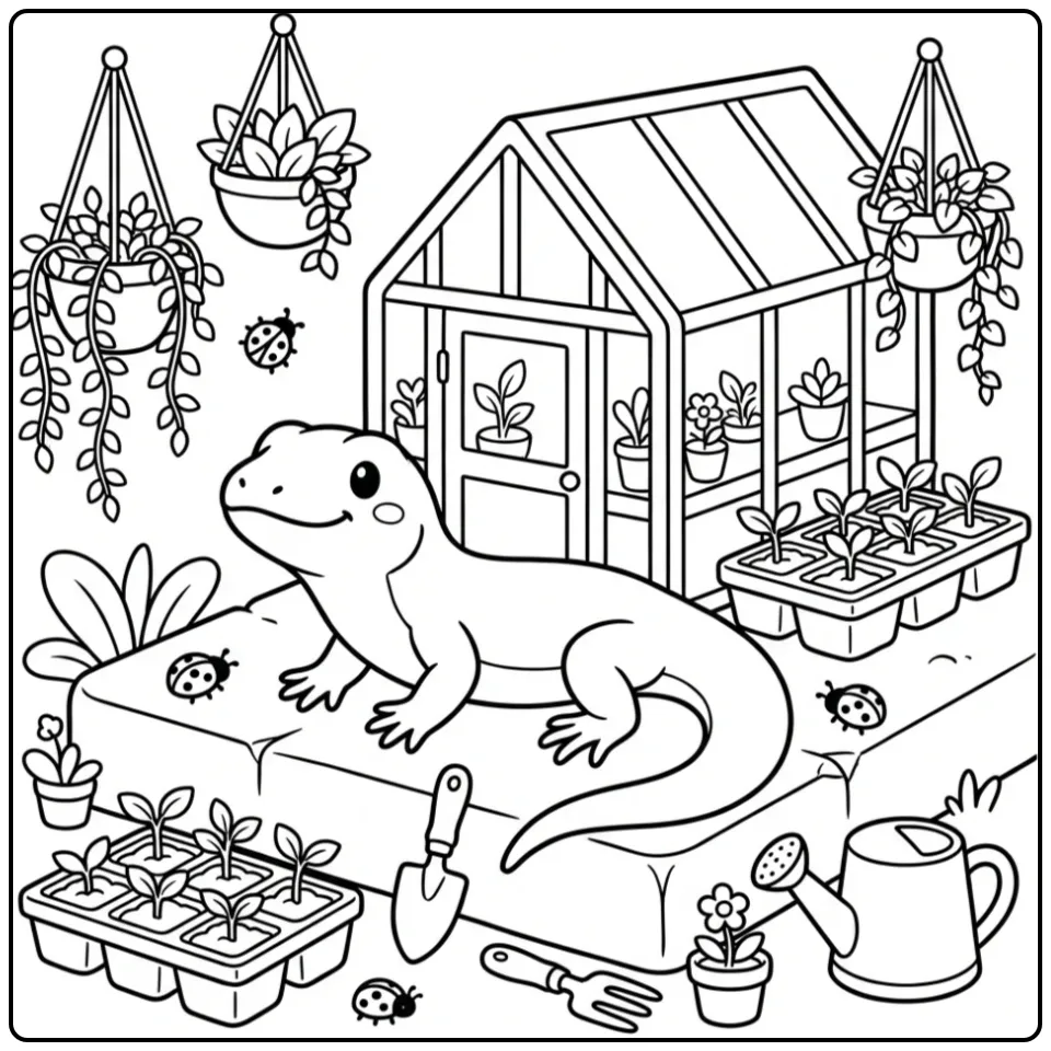 Schattige kleurplaat hagedis zonnend bij een tuinkas.