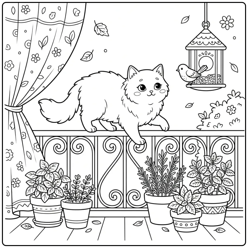 Elegante Turkse Angora poes kleurplaat op een balkonhek.