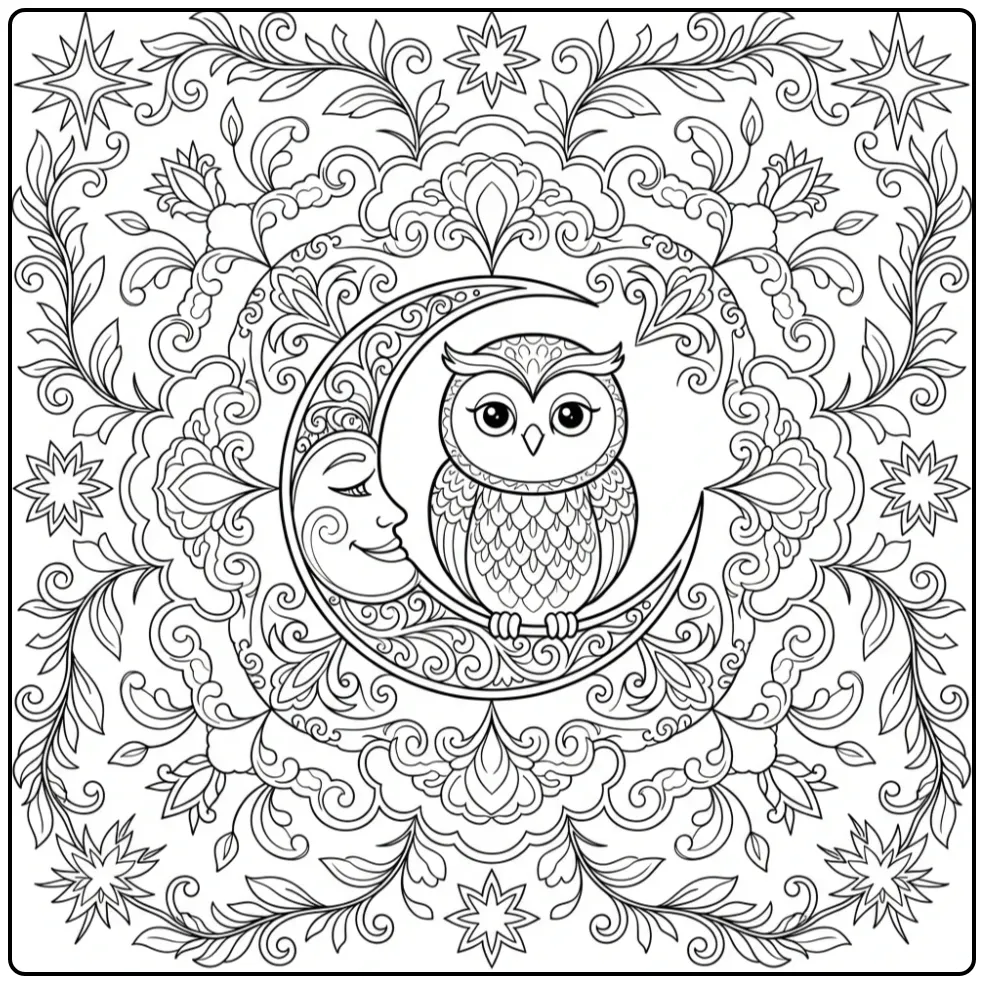 Mandala uil vogel kleurplaat voor volwassenen en sterren