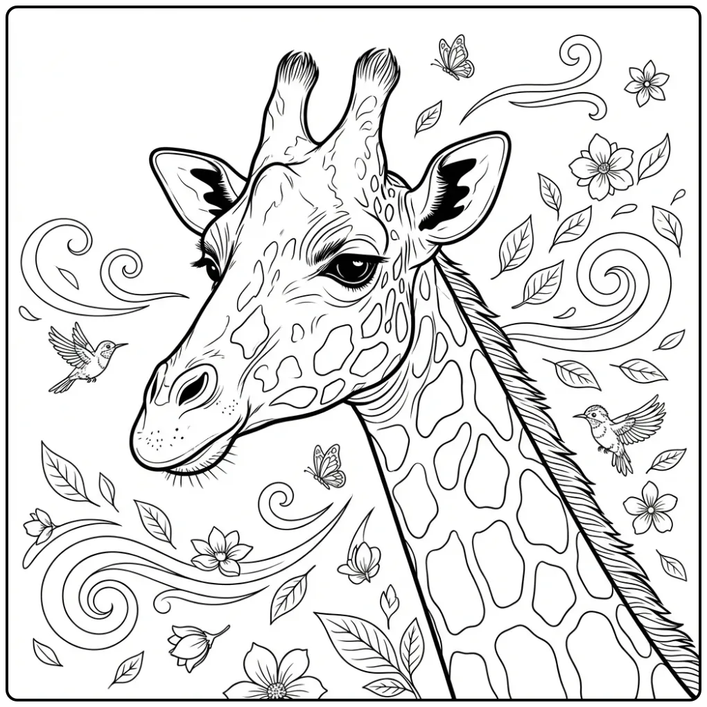Gedetailleerde giraf kleurplaat moeilijk met bloemen.