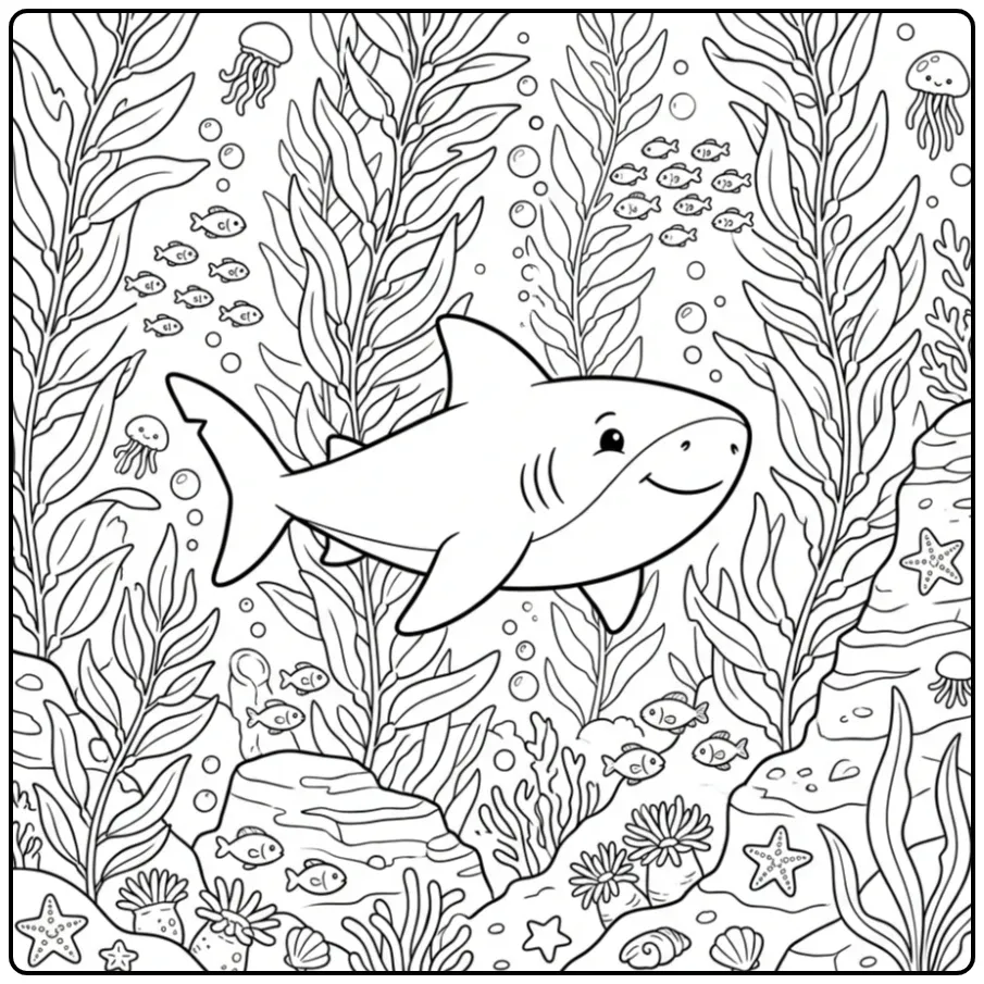 Gedetailleerde kleurplaat haai moeilijk tussen zeewier.