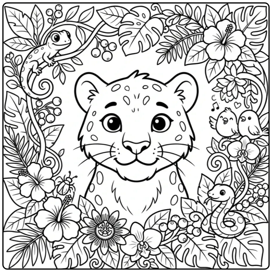 Gedetailleerde kleurplaat panter moeilijk met jungle frame.