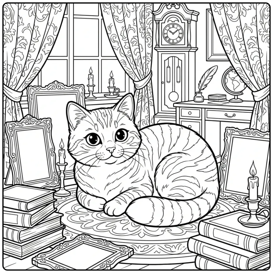 Kleurplaat poes moeilijk met boeken en kaarsen.