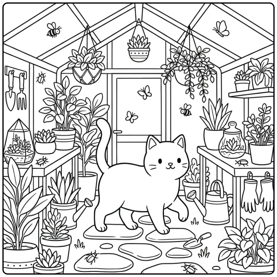 Gedetailleerde kleurplaat poes moeilijk in een kas vol planten