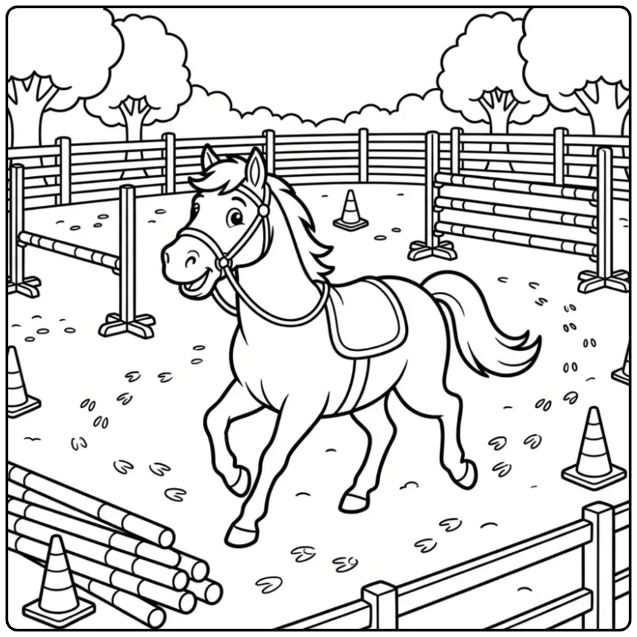 Realistische paarden kleurplaat moeilijk in de manege.