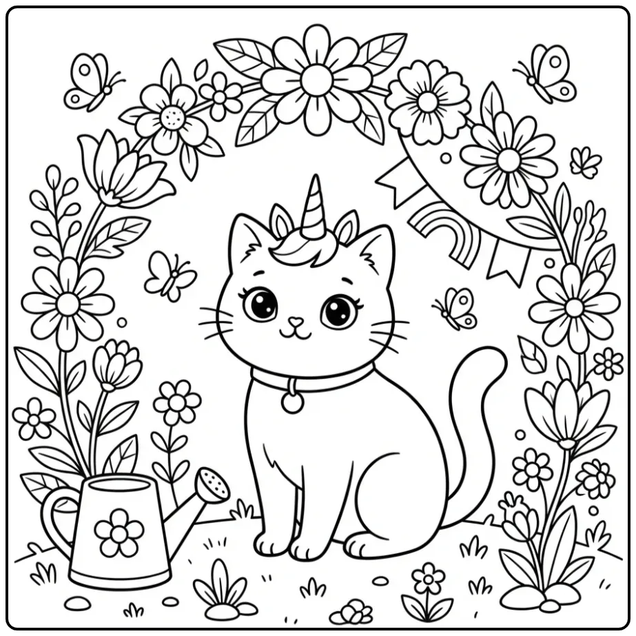 Een schattige unicorn poes kleurplaat in een bloementuin.