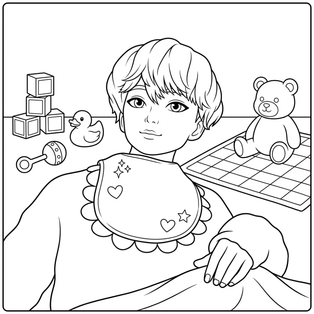 Een kleurplaat kpop demon hunters baby saja met speelgoed.