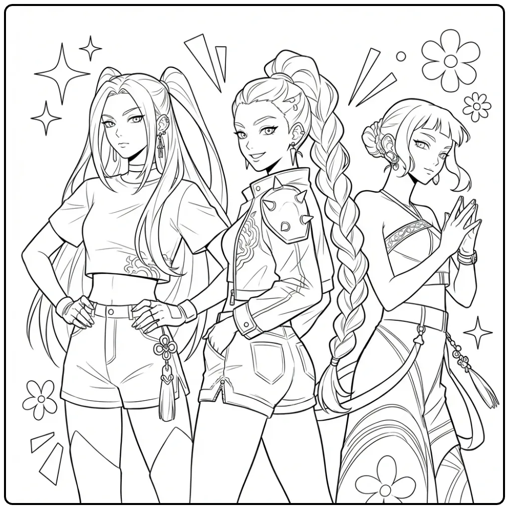 Kleurplaat van drie stijlvolle kpop demon hunters in actie.
