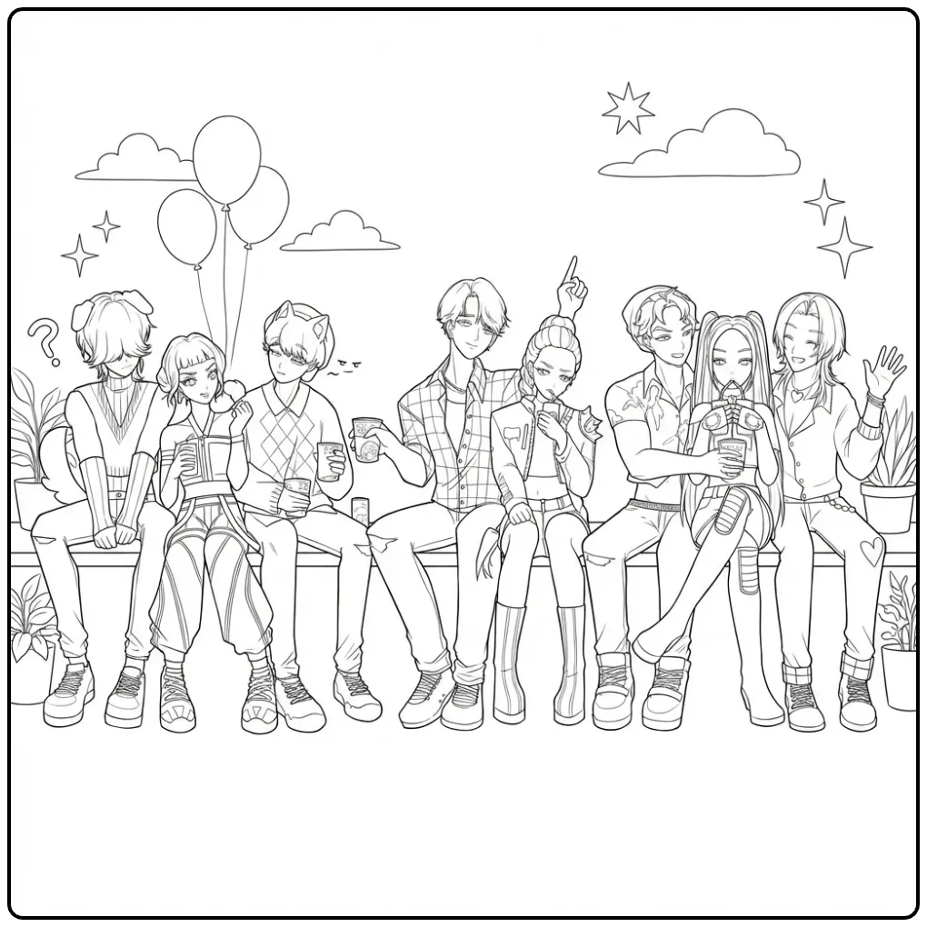 Zwart-wit kleurplaat kpop demon hunters groep op een bankje.