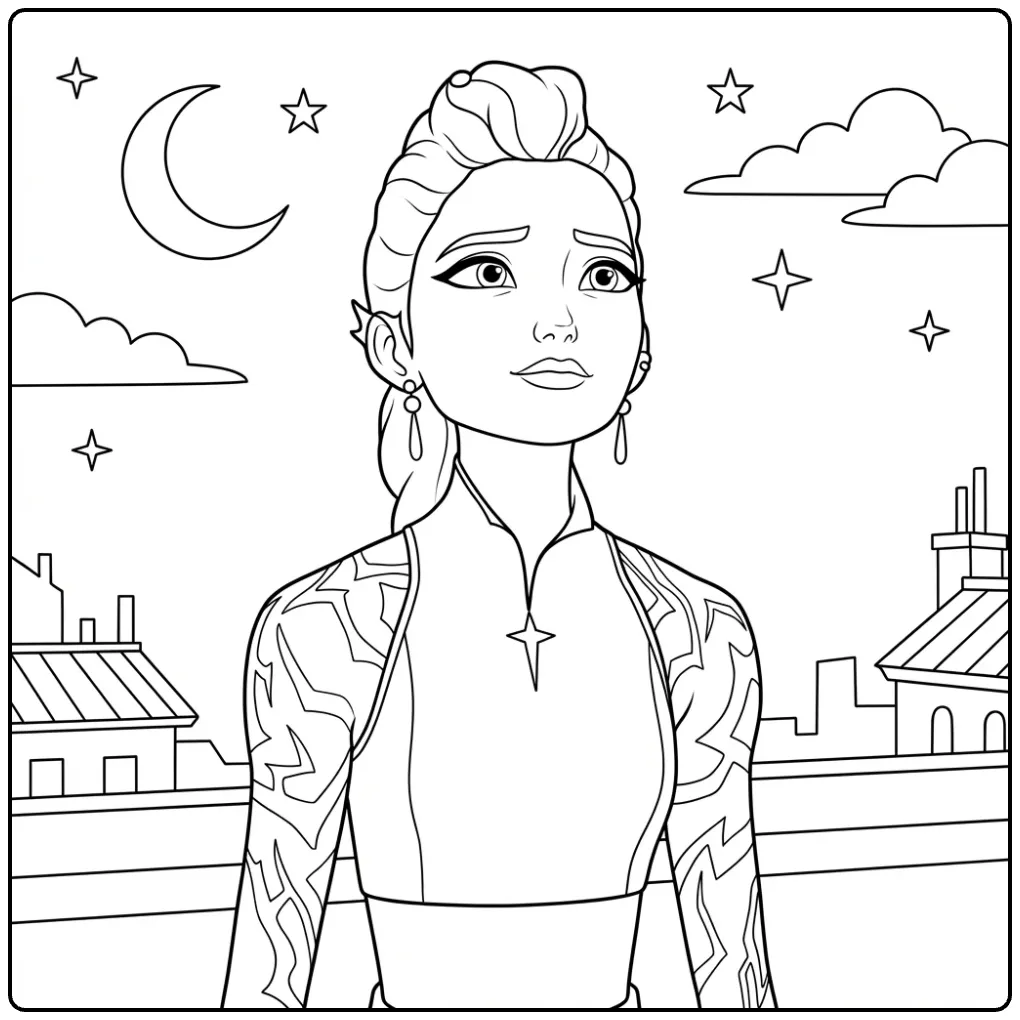 Kleurplaat Kpop Demon Hunters Rumi: Vrouw op dak onder sterren.