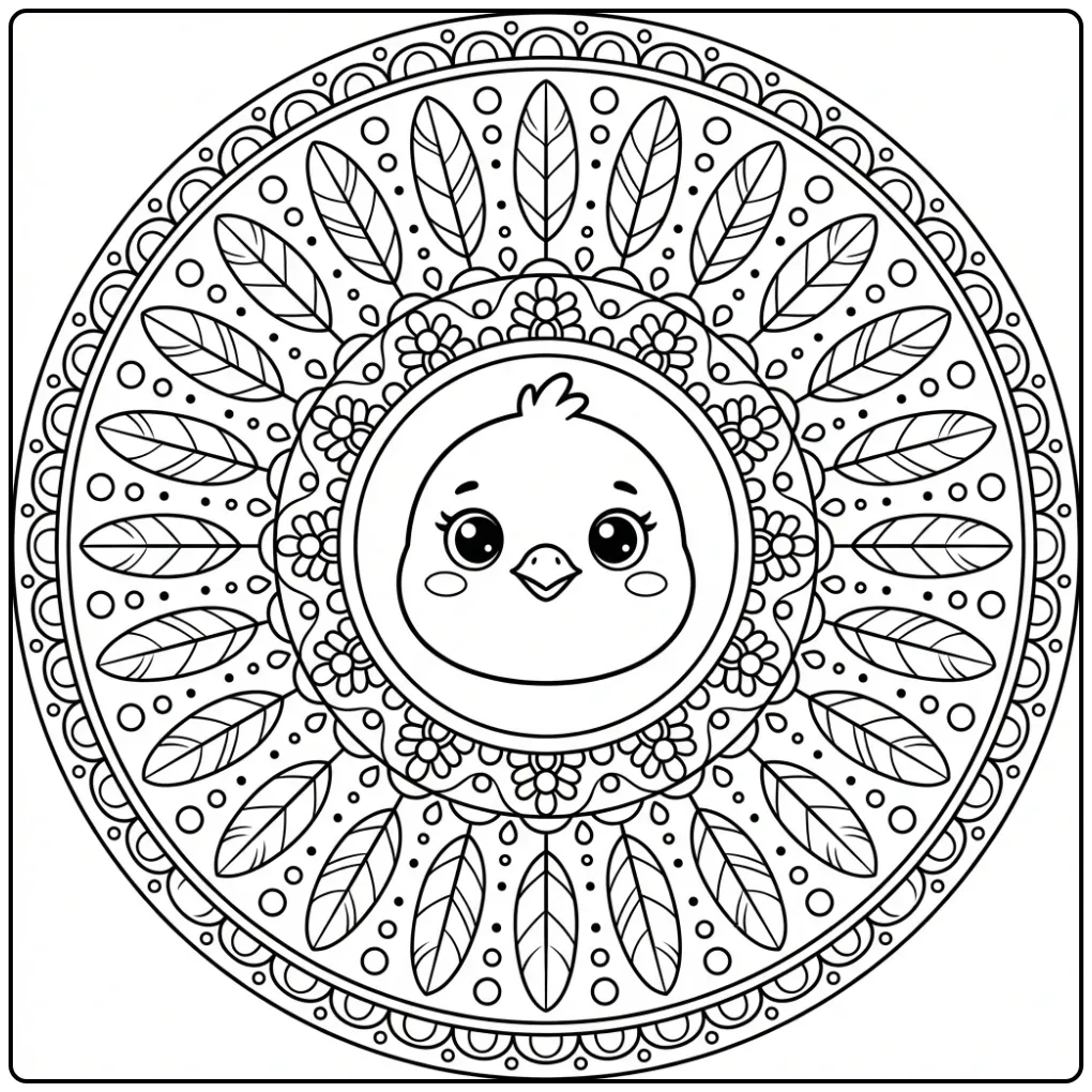 Schattige kleurplaat mandala vogel met bloemen en veren.