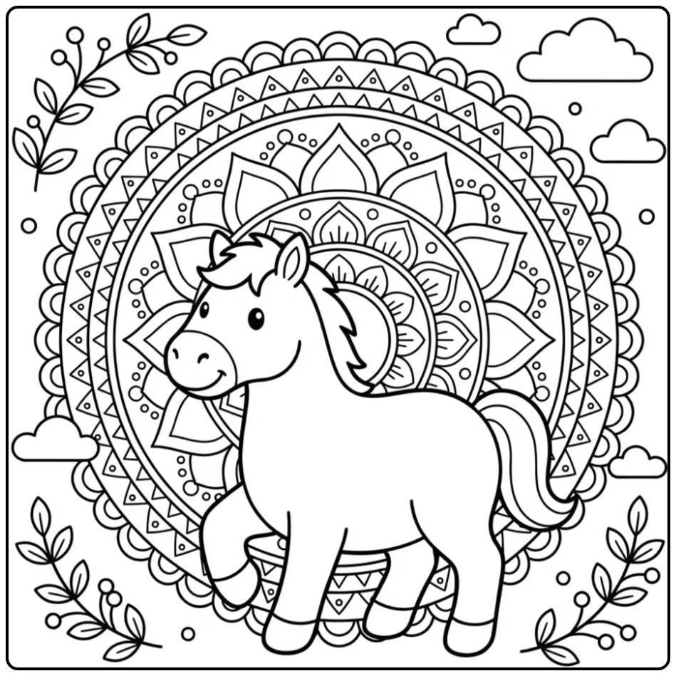 Mooie kleurplaat paard mandala met zonnestralen en wolken.