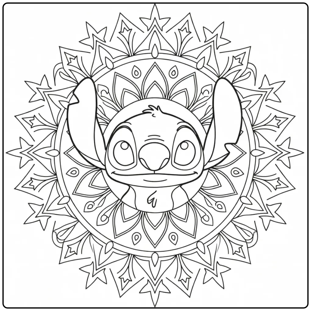 Mooie kleurplaat stitch mandala met sterren en bloemen.