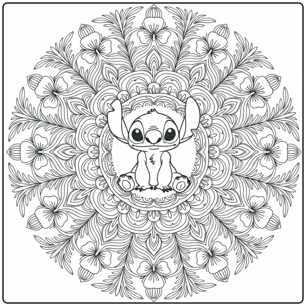 Een vrolijke kleurplaat stitch mandala met tropische bloemen.