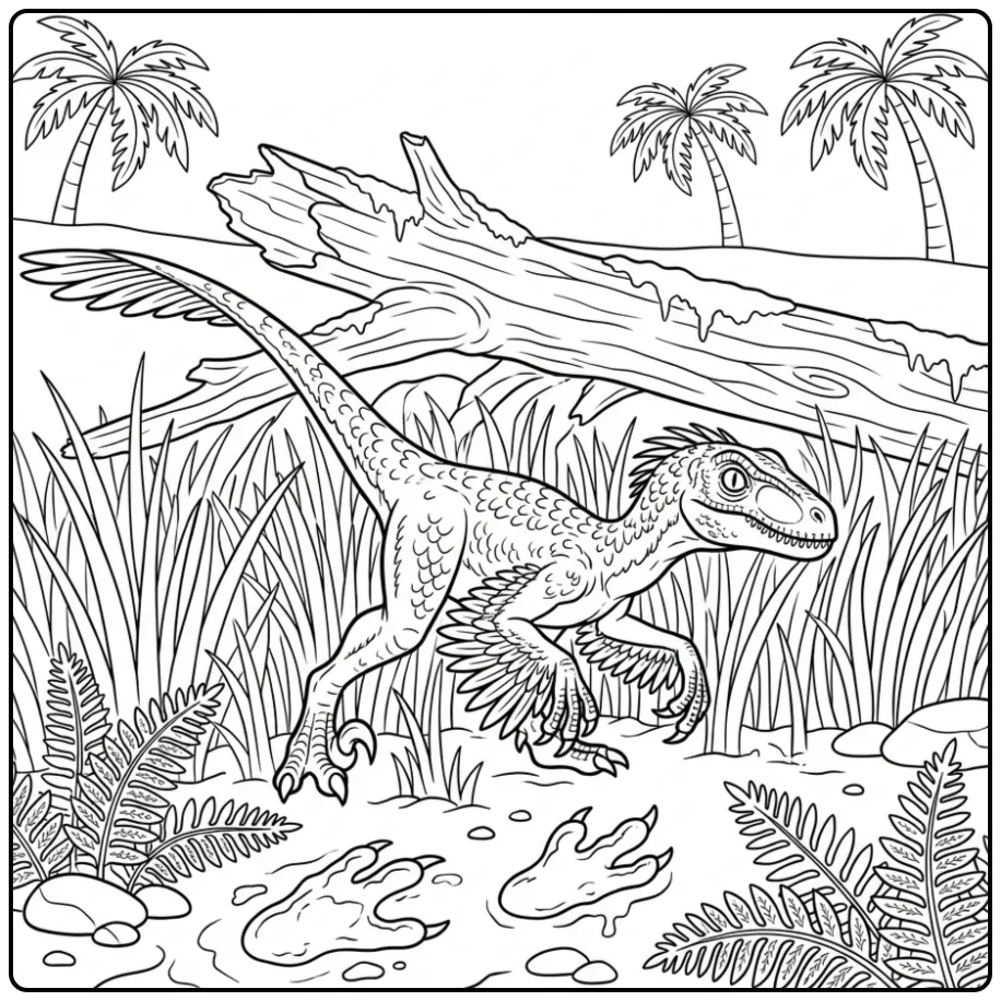 Spannende dino kleurplaat met sluipende velociraptor in gras