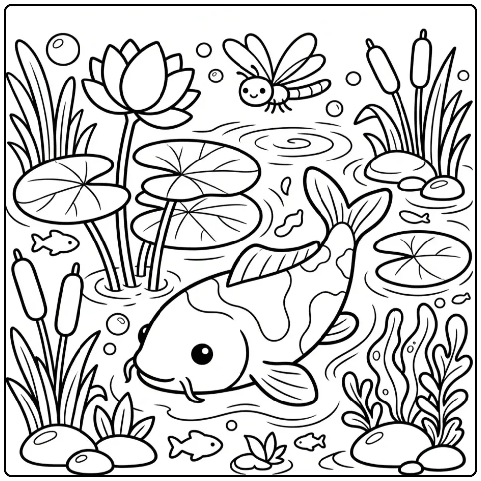 Schattige koi karper tussen waterlelies als kleurplaat vis.