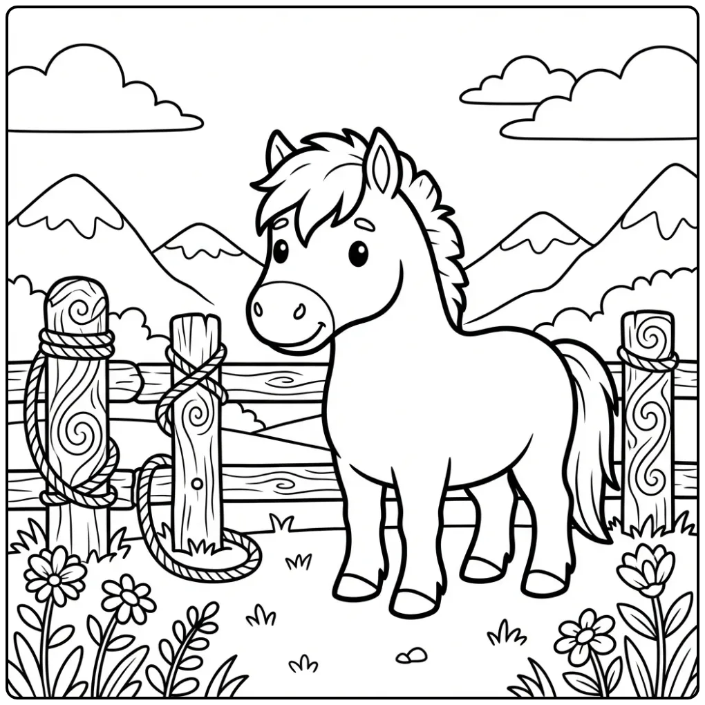 Leuke paarden kleurplaat fjord met Viking hek en bergen.