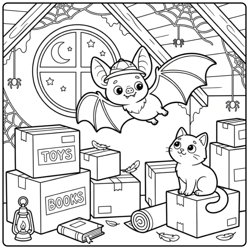 Leuke vleermuis kleurplaat op zolder met een kat.