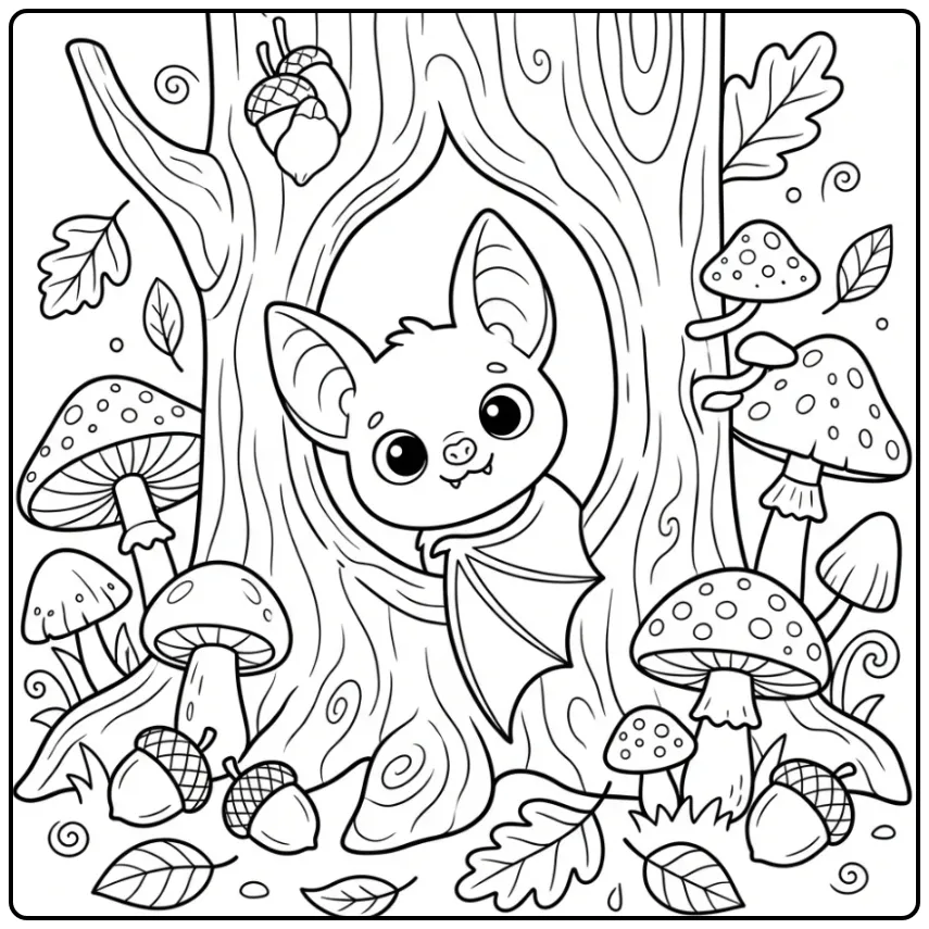 Schattige vleermuis kleurplaat met boomstam en bladeren.