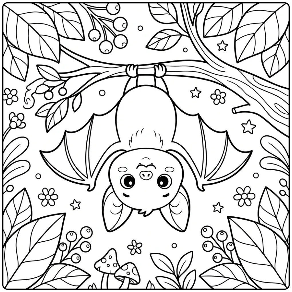 Schattige baby vleermuis kleurplaat hangend aan een tak