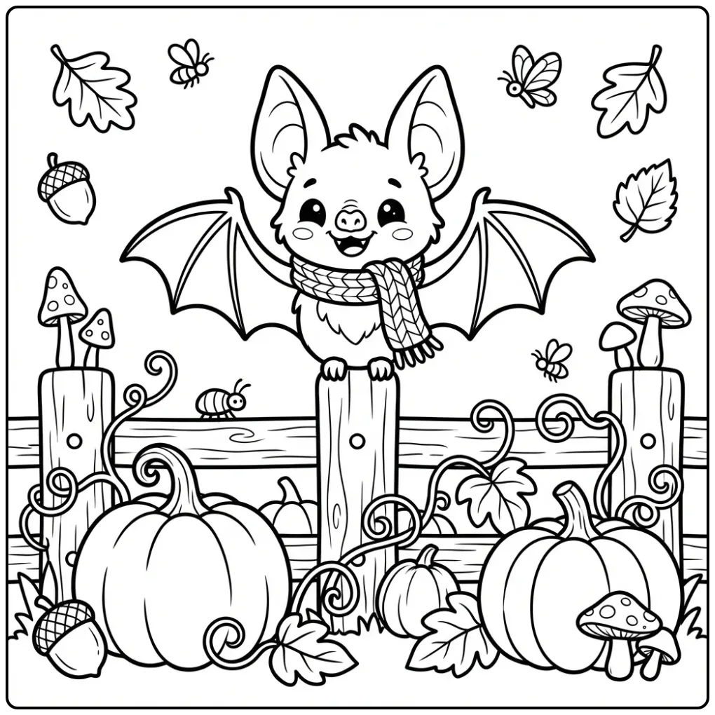 Schattige vleermuis kleurplaat met sjaal op een houten hek.