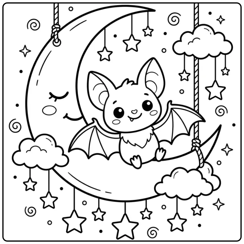 Een schattige vleermuis kleurplaat op een maanschommel.