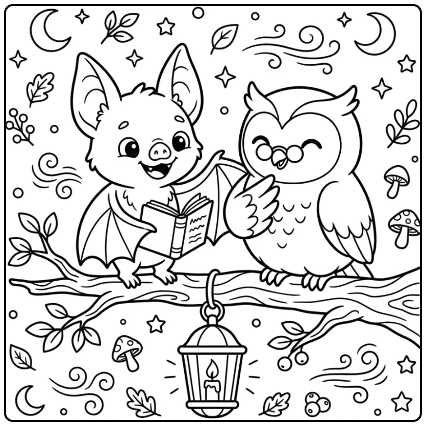 Schattige vleermuis kleurplaat met een uil op een tak.