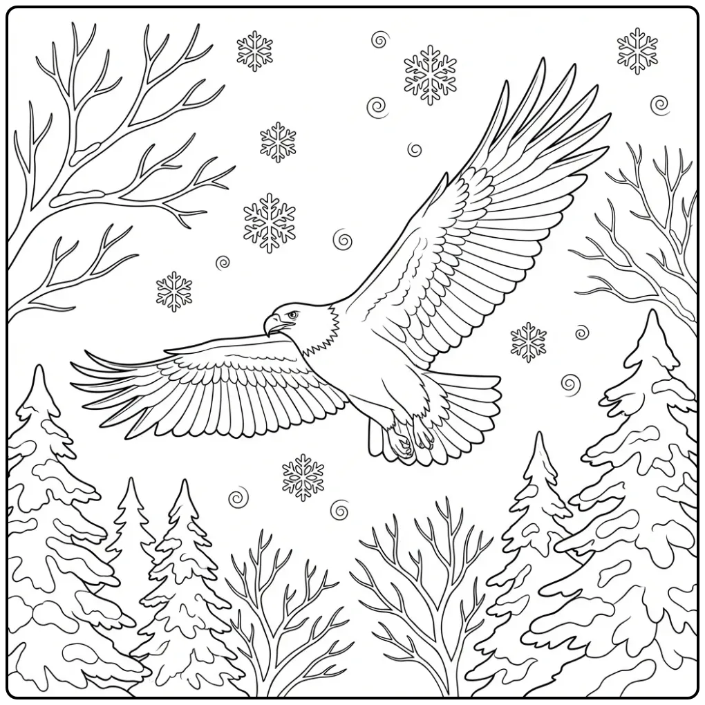 Kleurplaat adelaar vliegend over een besneeuwd winterbos.