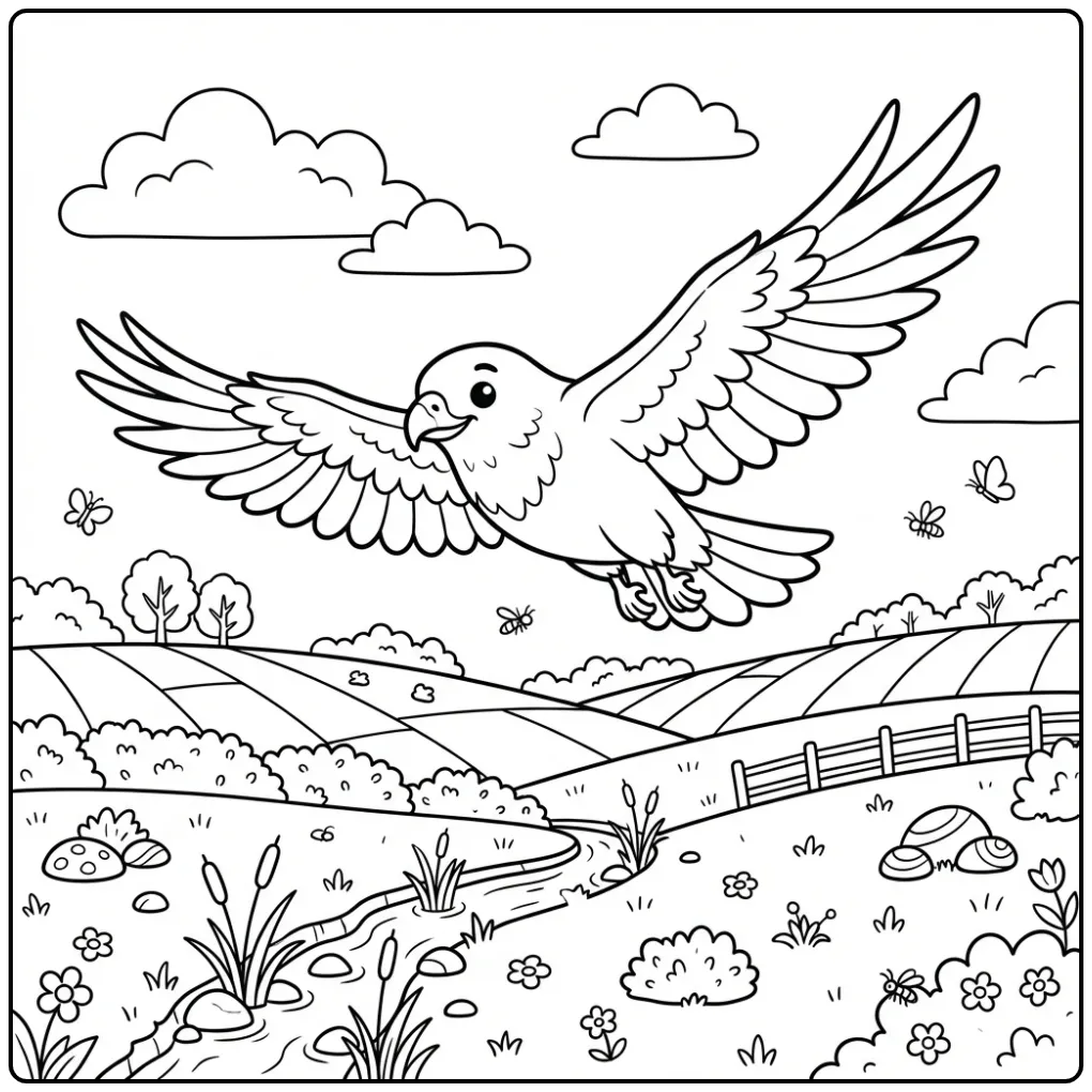 Een schattige kleurplaat buizerd zwevend boven de velden.